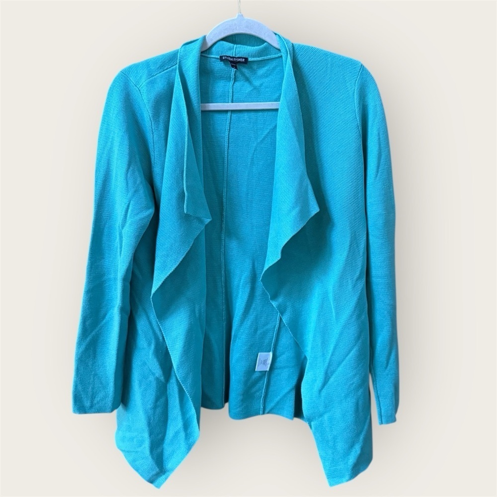 Eileen Fisher silk and cotton open-front waterfall cardigan teal/turquoise EUC